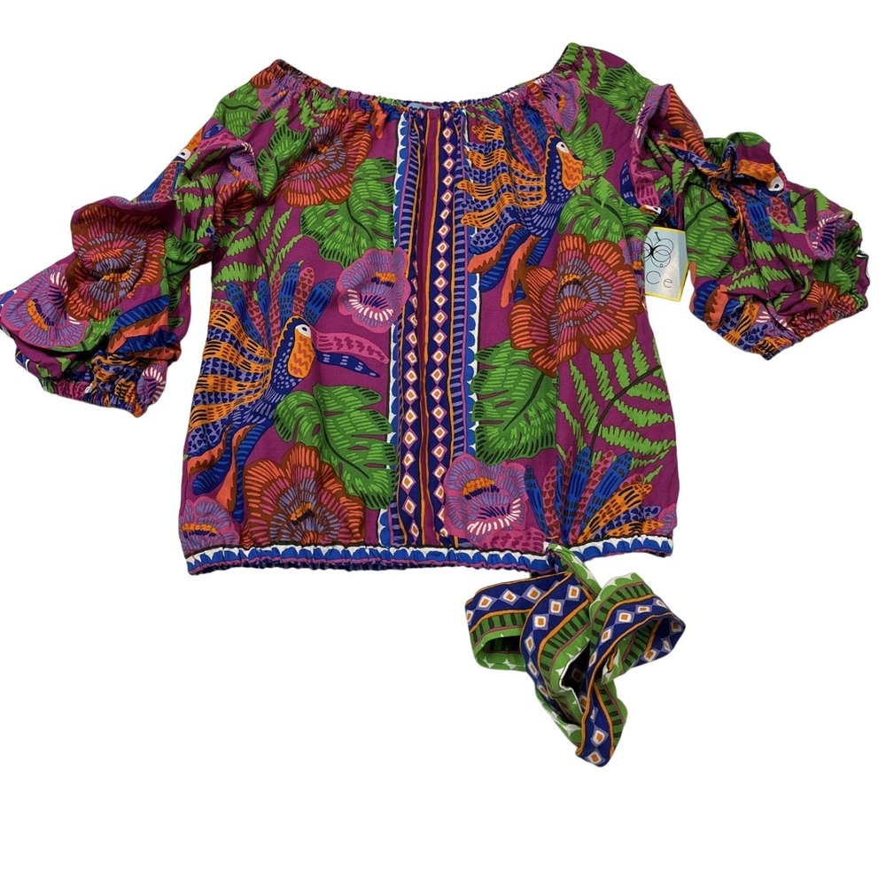 CeCe Top Bright Colorful Linen Blend Off Shoulder‎ Blouse Size M Tropical Resort